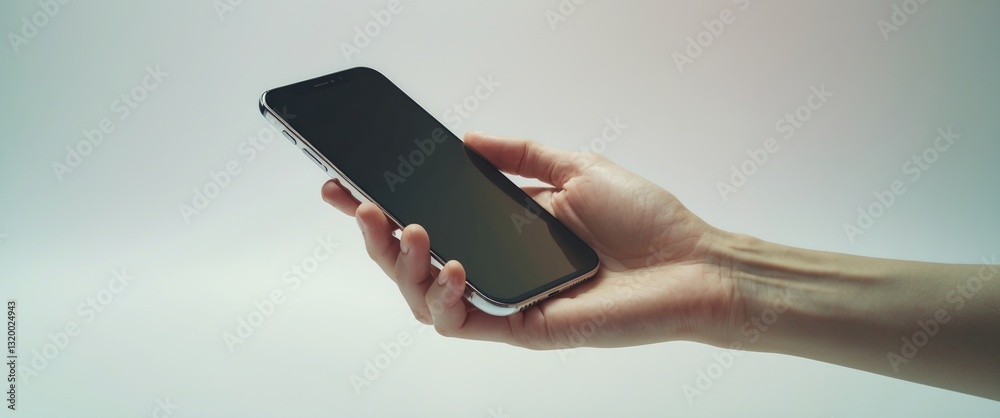 Hand displaying a smartphone with an empty screen against a white background. Concepts for business finance, technology, product marketing, and advertising.