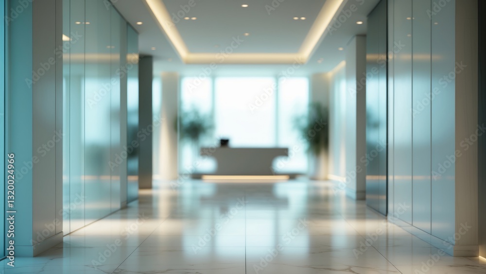 Fototapeta premium Interior view of a hotel or office lobby, featuring a blurred reception area backdrop, modern luxurious white room, and glass wall windows in the background.