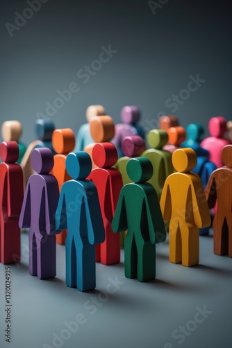 Obraz na płótnie Groups of colorful wooden figures on a gray backdrop. The concept of segmentation. Target audience, customer service. Market segment of buyers. Customer relationship management. Selective focus. w salonie