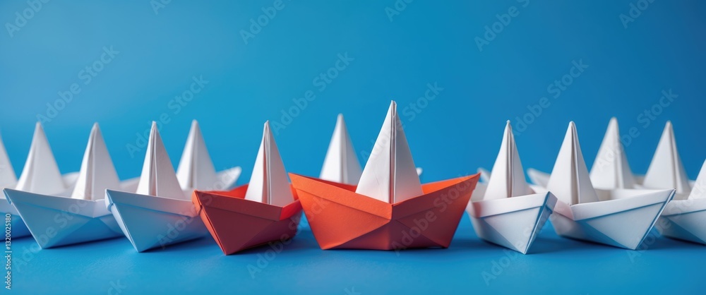 Fototapeta premium A collection of white paper boats with one distinctly colored individual. Business strategy concept.