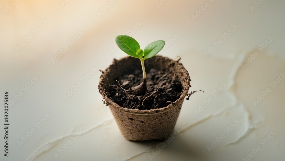 A young seedling is depicted in a peat pot against a white backdrop, viewed from above. Close-up. A young seedling is depicted in a peat pot against a white backdrop, viewed from above. Close-up.