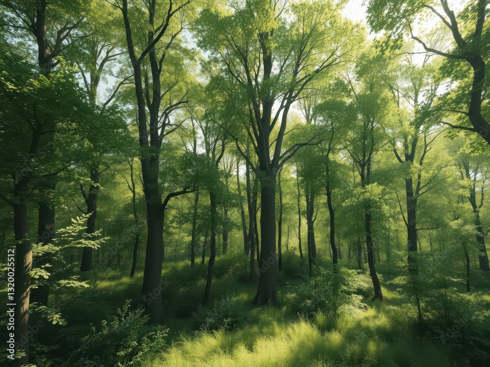 Fototapeta premium Sun-dappled green forest panorama, deciduous trees, forest, leaves