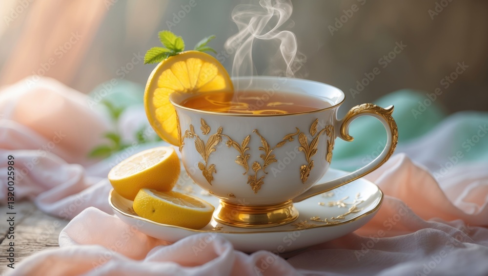 Herbal tea with lemon and ginger beautifully displayed in a white cup. Viewed from a distance. Herbal tea with lemon and ginger beautifully displayed in a white cup. Viewed from a distance.