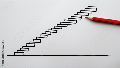 Handwriting depicting a step staircase ascending toward a target in the background with space for text. Business, education, or career goal target success achievement, concept of continuous improve...
