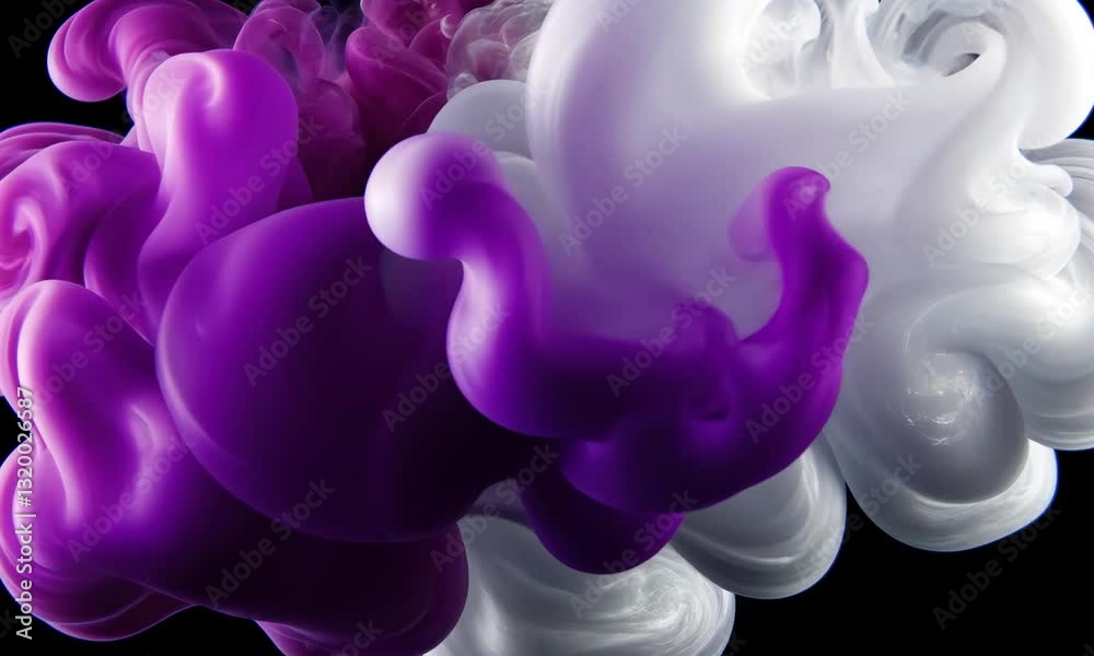 Abstract Purple And White Ink Explosion Against Black Background In Fluid Motion Abstract Purple And White Ink Explosion Against Black Background In Fluid Motion
