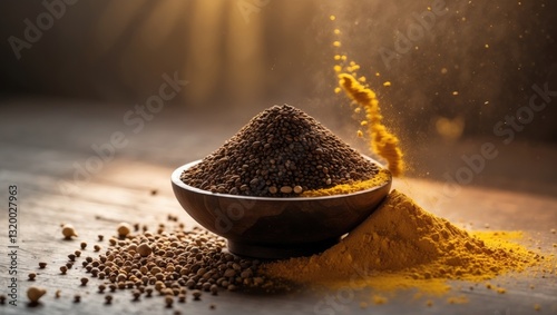 Indian spices consist of cumin seed dust and jeera powder. photo