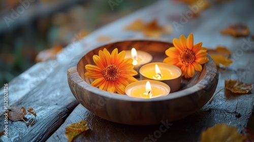 Serene Bowl of Candles and Sunflowers on Rustic Wooden Table