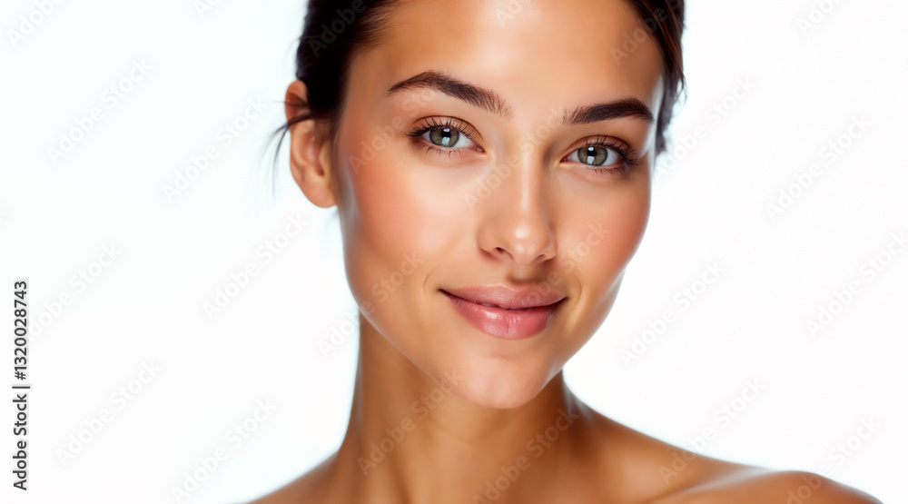 Fototapeta premium A Radiant Young Woman With Sun-kissed Skin And Captivating Eyes, Exuding Natural Beauty And Confidence Against A Soft White Backdrop
