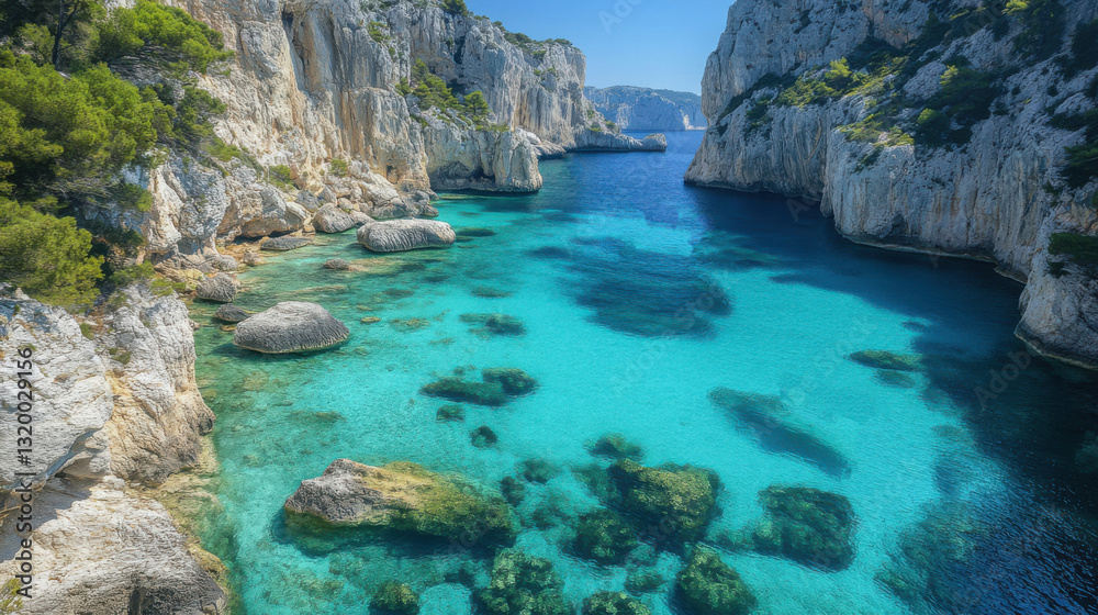 Clear blue sea. Rocky cliffs along the coast. Turquoise water landscape. Stones and rocks under sea. Idyllic summer destination. Clear blue sea. Rocky cliffs along the coast. Turquoise water landscape. Stones and rocks under sea. Idyllic summer destination.