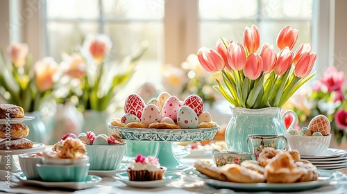 A beautifully arranged table with Easter decorations, colorful eggs, and fresh tulips. photo