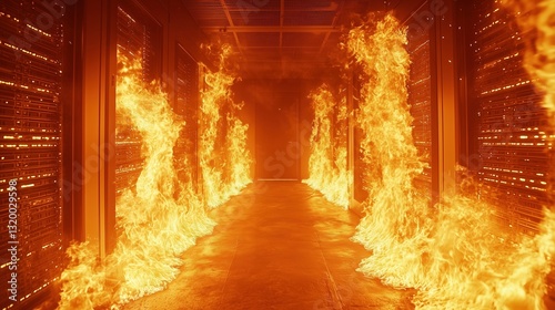 A dramatic scene of flames engulfing a corridor in a data center, showcasing fire hazards.