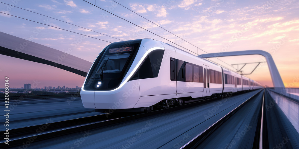 Naklejka premium A modern electric train rides on rails over a bridge. Development in urban infrastructure.