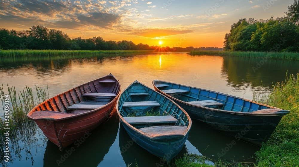 Boats on lake. Sunset sky light. Water reflections. Landscape nature. Calm scene. Colorful outdoor. Trees and grass. Boats on lake. Sunset sky light. Water reflections. Landscape nature. Calm scene. Colorful outdoor. Trees and grass.