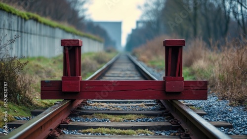 Industrial scene of a dead end railway track. Wooden barrier at the terminus of the rail line. Concept for end, border and limitation.