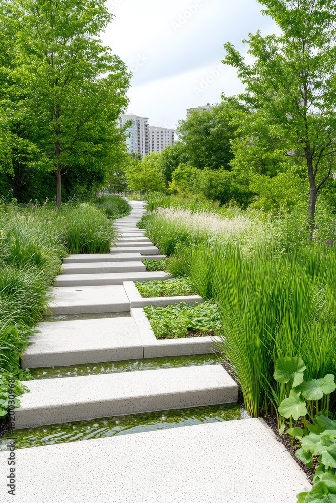 Fototapeta premium Green infrastructure project, permeable pavement, rain gardens, landscaped areas, urban recreation area. Development in urban infrastructure.