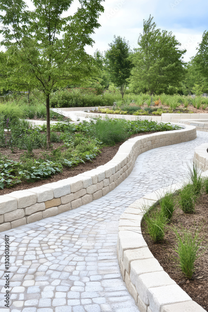 Obraz premium Green infrastructure project, permeable pavement, rain gardens, landscaped areas, urban recreation area. Development in urban infrastructure.