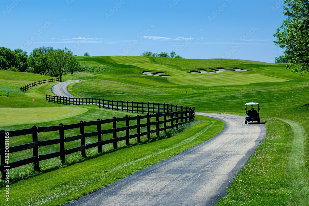 Obraz premium Scenic golf course with green fairways sand traps and a meandering cart path