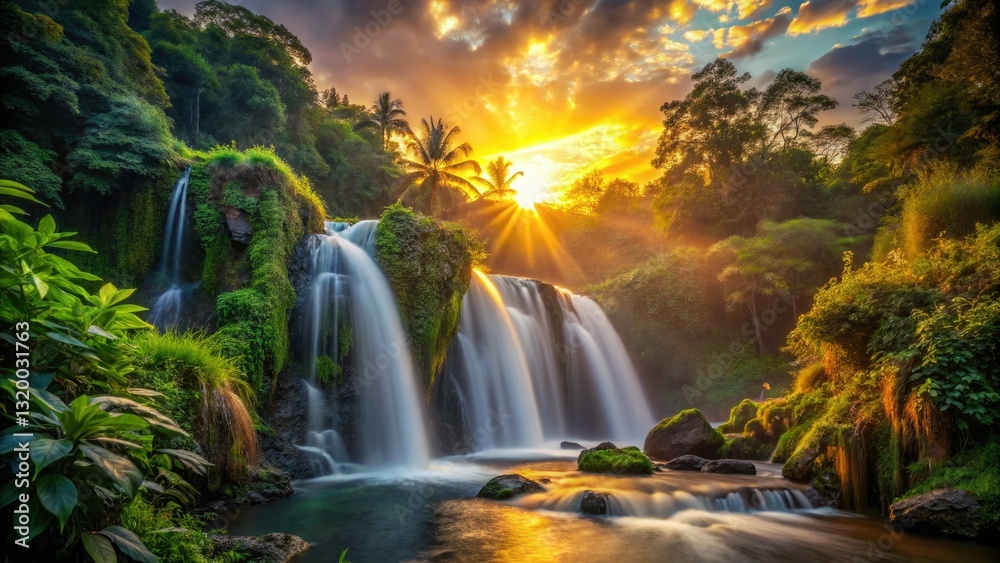 Obraz premium Silhouette Waterfall Lush Greenery Nature Photography - Dramatic Sunset Landscape