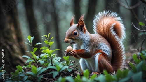 In the spring, a charming red squirrel nibbles on a nut in vibrant woods. Beautiful wild creature feasting in the foliage, with long ears and a fluffy tail. A wide-angle panoramic image of an animal. photo