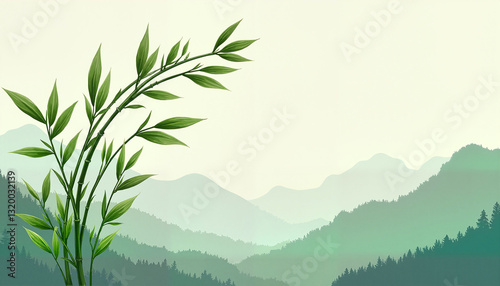 Bamboo plant against misty mountain landscape