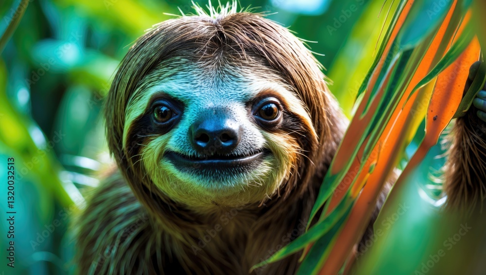 Naklejka premium In the Neotropical region of the three-toed sloth species known as the brown-throated sloth.
