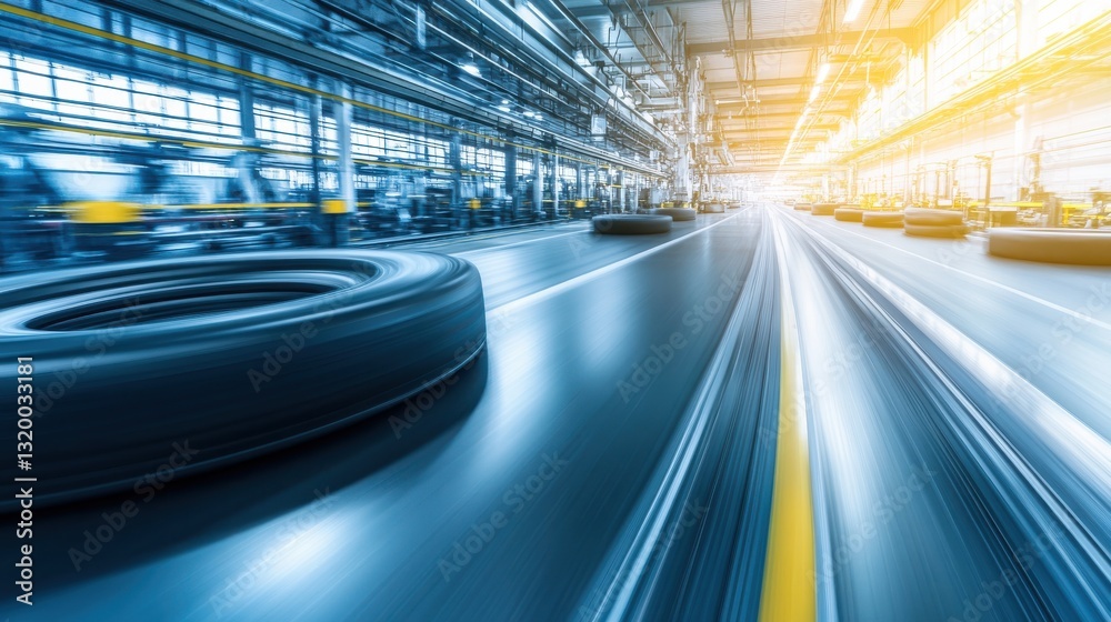 High-Speed Production Line of Rubber Tires in a Brightly Lit Manufacturing Facility with Motion Blur Effects High-Speed Production Line of Rubber Tires in a Brightly Lit Manufacturing Facility with Motion Blur Effects