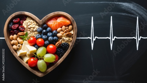 Healthy food in heart shape and cardiograph on blackboard medical abstract concept