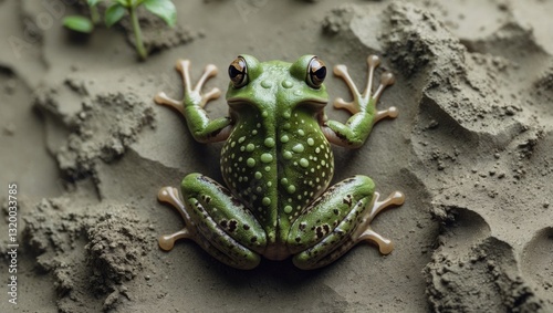 Horizontal image of a small green toad viewed from above. This amphibian species commonly resides near humans. Nocturnal creature. Provides biological protection against snails and insects.
