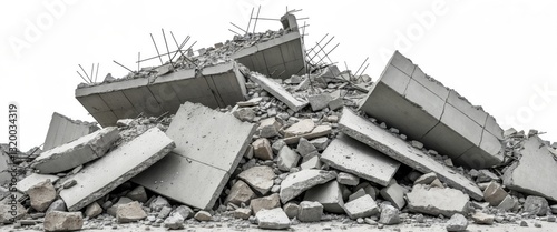 Fragments of a destroyed building made of grey concrete, set against a white background.