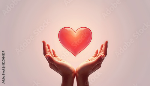 Hands cupping glowing red heart on light background