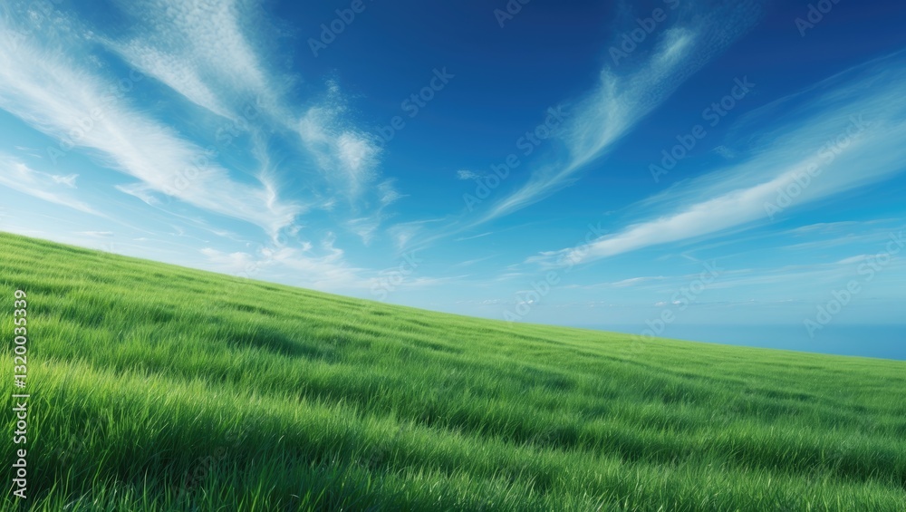 Sloping meadows in green with a backdrop of blue sky and clouds. Sloping meadows in green with a backdrop of blue sky and clouds.