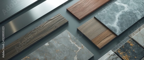 Home interior material samples selection includes brushed stainless, metallic laminate, wooden vinyl flooring tiles, laminated tiles, marble stone, and stone tiles arranged in the background.