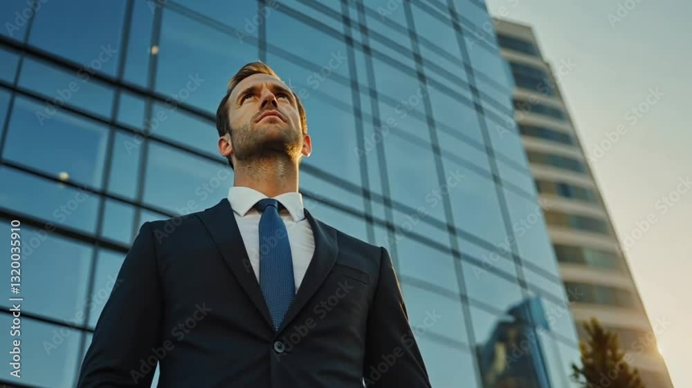 Businessman looking up at modern skyscraper Businessman looking up at modern skyscraper