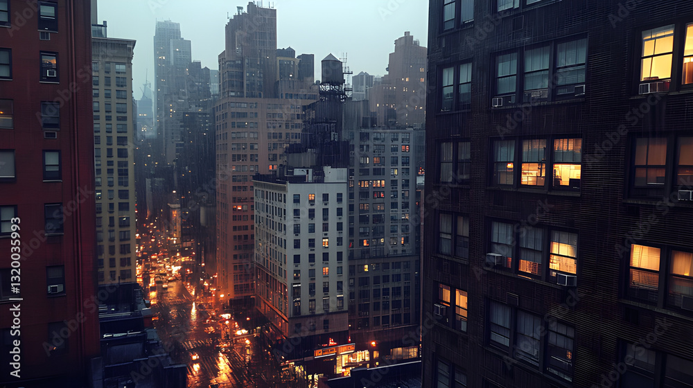 A photo that captures NYC's buildings in the rain or no rain, at dusk, night, wet, city views, tons of buildings, gritty, dark, dramatic, high-angle view, dense city, view from window, downtown, urban A photo that captures NYC's buildings in the rain or no rain, at dusk, night, wet, city views, tons of buildings, gritty, dark, dramatic, high-angle view, dense city, view from window, downtown, urban