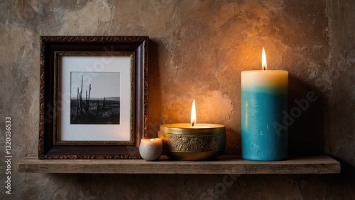 Home decor - lit candles on wooden shelf against textured wall with picture frame.