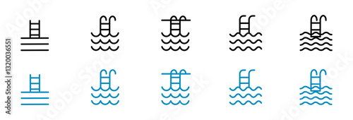 Vector icon of a swimming pool ladder. Linear water waves icons. Ladder for descending into the swimming pool.