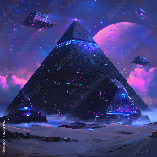 A traditional Egyptian architecture with advanced technology and neon lighting in a breathtaking futuristic landscape of Neo-Ancient Egypt where majestic pyramids made of smooth black and gold stone