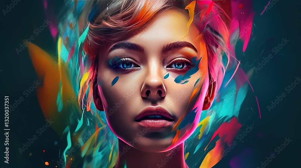 Fototapeta premium Portrait of a woman's face surrounded by vibrant abstract multicolored paint strokes