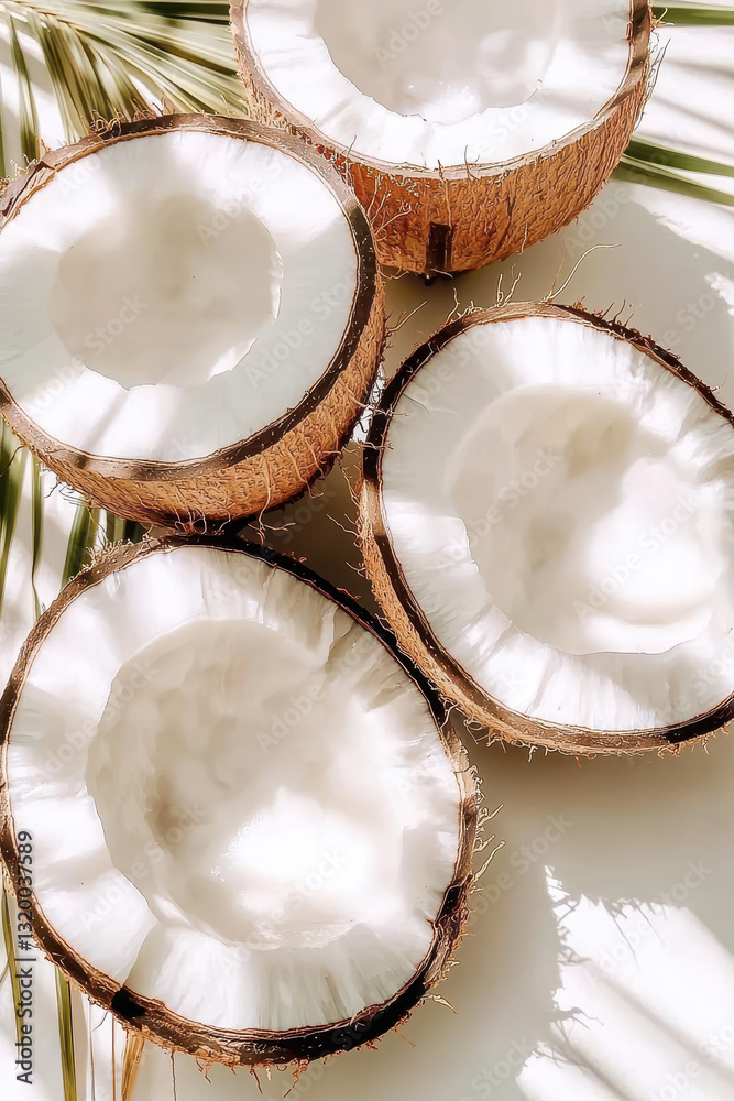 Fresh Coconut Halves on Light Background with Tropical Palm Leaves Fresh Coconut Halves on Light Background with Tropical Palm Leaves
