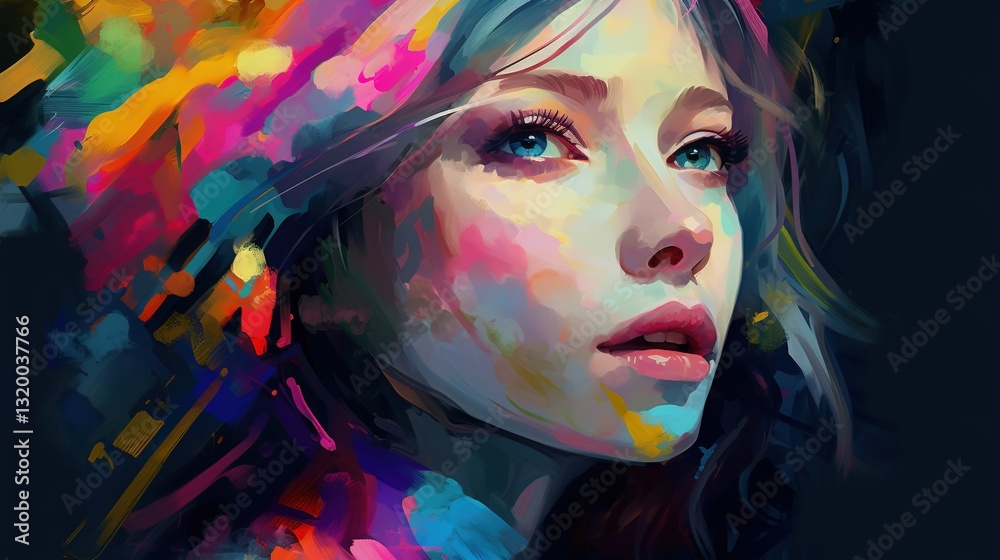 Fototapeta premium Colorful Portrait of a Woman: Artistic rendition with vibrant hues and flowing lines