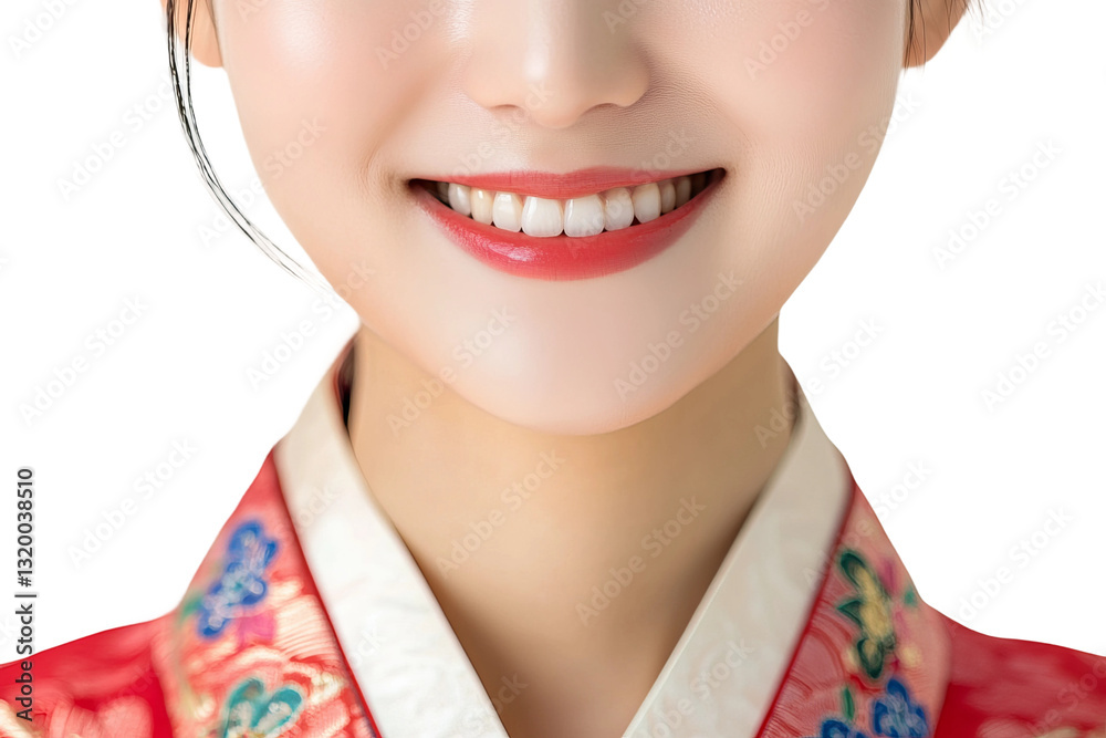 Close up of a smiling Korean woman, isolated on white background Close up of a smiling Korean woman, isolated on white background