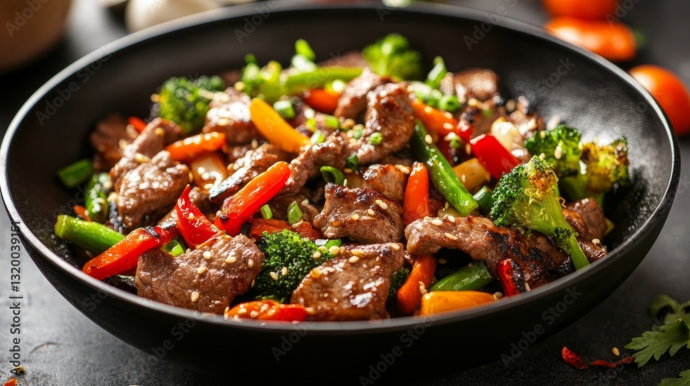 Sizzling wok stir fry with tender beef and fresh vegetables in a hot pan, showcasing a flavorful asian cuisine dish with vibrant ingredients, steam rising for a delicious and authentic food photograph Sizzling wok stir fry with tender beef and fresh vegetables in a hot pan, showcasing a flavorful asian cuisine dish with vibrant ingredients, steam rising for a delicious and authentic food photograph