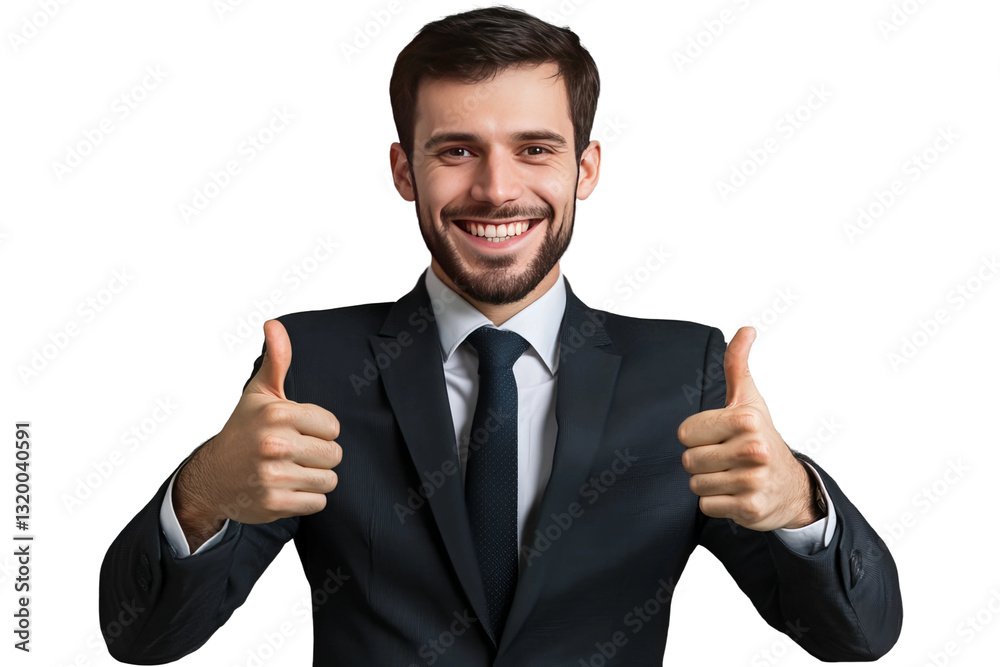 Happy businessman showing thumbs up, smiling nicely, isolated on transparent background Happy businessman showing thumbs up, smiling nicely, isolated on transparent background