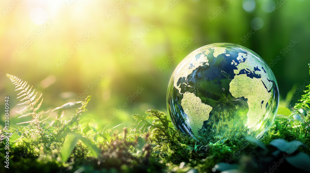Crystal Clear Globe on Lush Green Moss in Vibrant Nature Scene Crystal Clear Globe on Lush Green Moss in Vibrant Nature Scene