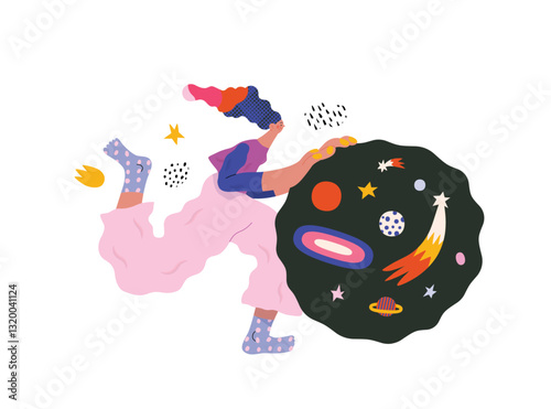 Life Unframed: Space -modern flat vector concept illustration of a encapsulated universe pusher. Metaphor of unpredictability, imagination, whimsy, cycle of existence, play, growth and discovery
