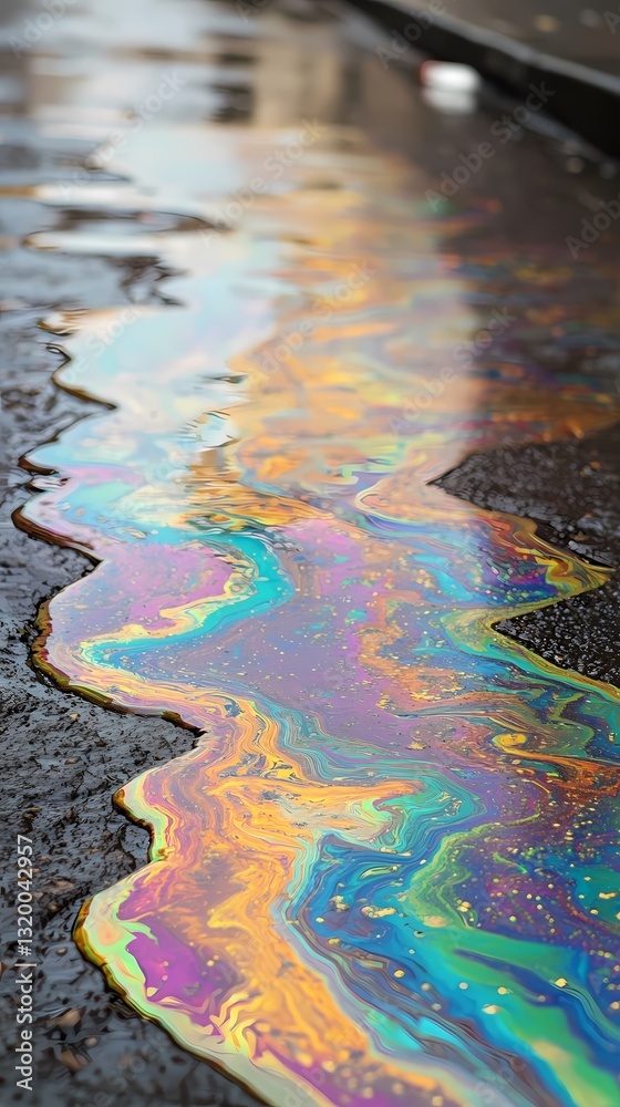 Obraz premium Iridescent oil spill on dark asphalt