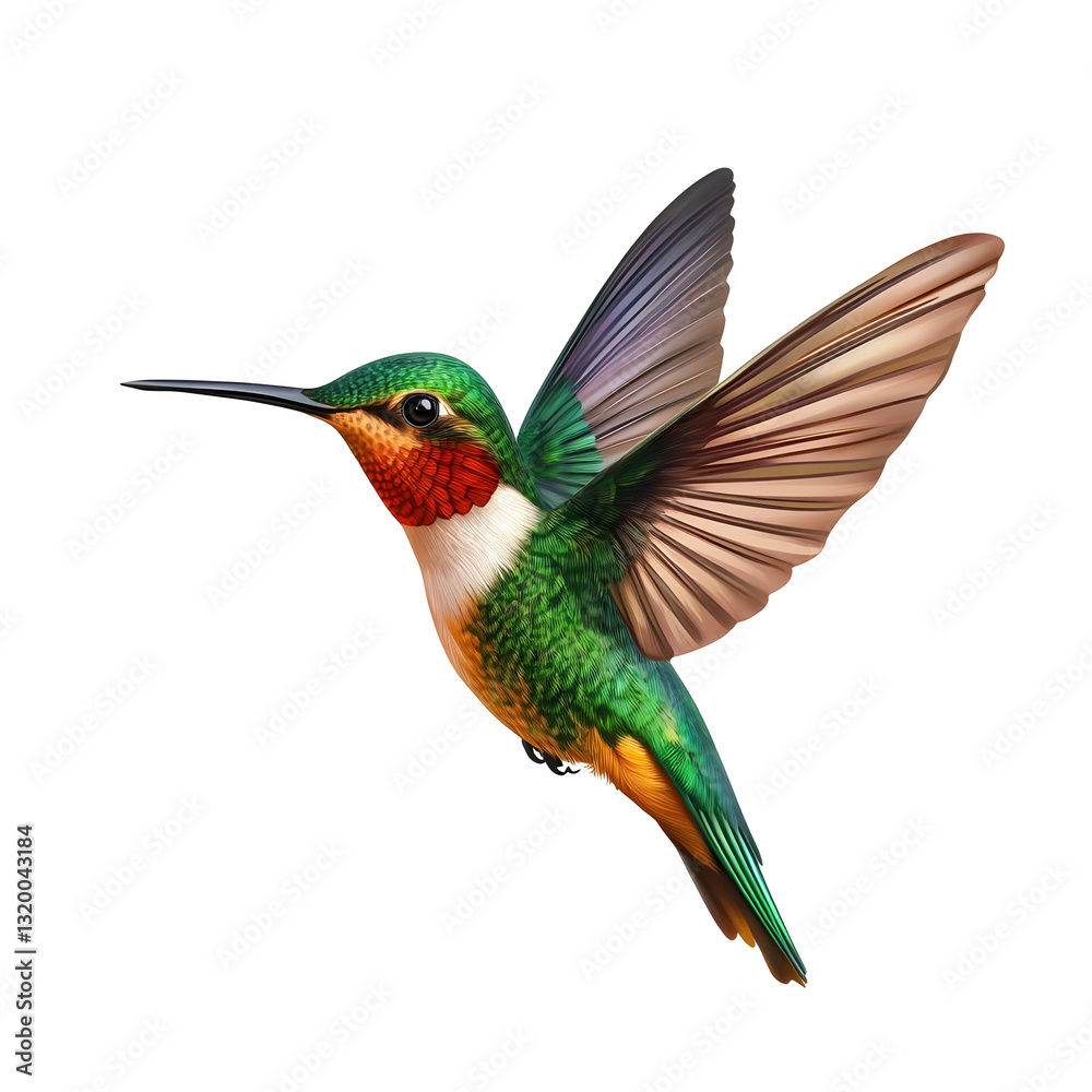 Fototapeta premium Vibrant Hummingbird in Flight Detailed of a Colorful Bird on White Background