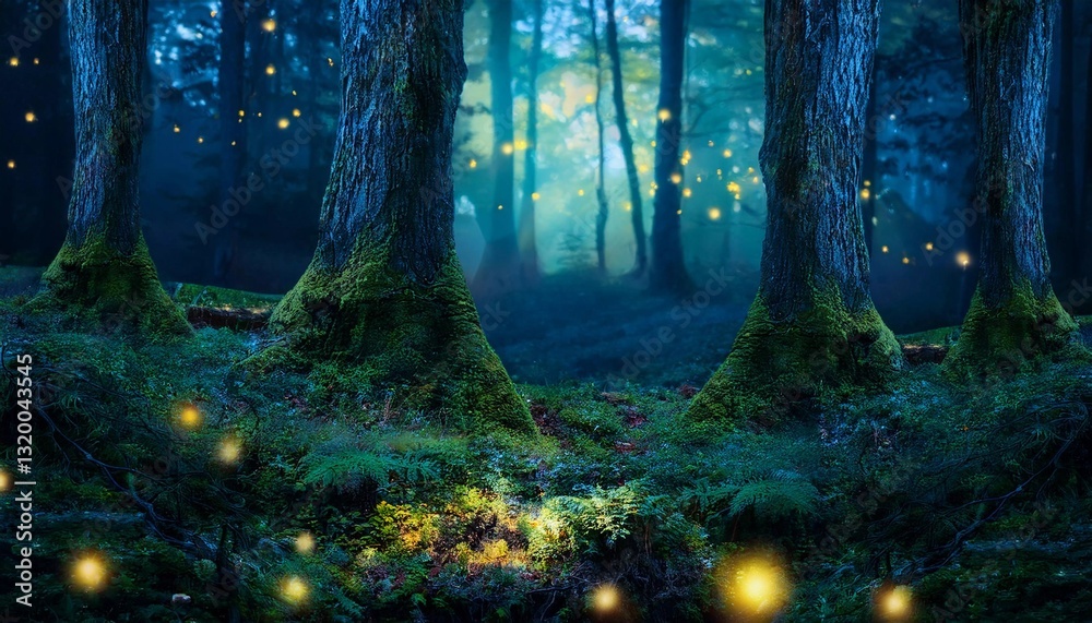 Obraz premium Enchanted Forest at Twilight with Glowing Fireflies, Mystical Fairy Tale Woodland Illuminated by Fireflies, Dreamy Fantasy Forest with Magical Glow of Fireflies.