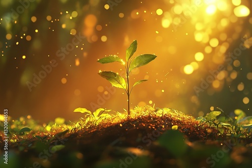 Small green plant growing strongly upwards towards the sun in a forest clearing