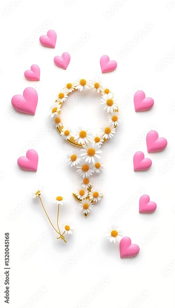 Fototapeta premium Golden Female Gender Symbol White Daisies Pink Hearts